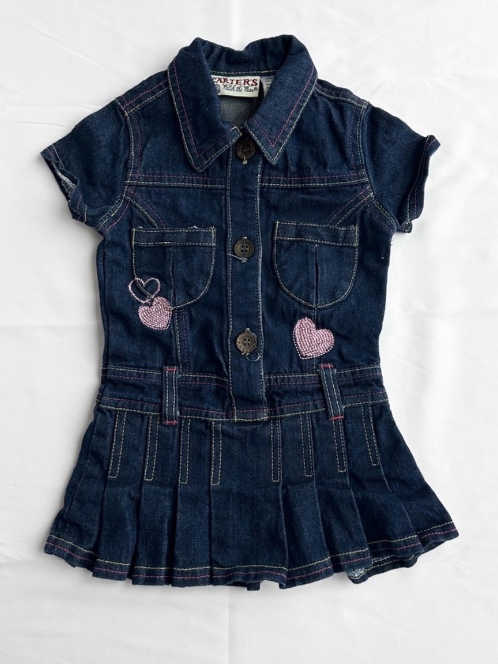 Vintage Y2K Carter's Denim Pleated Dress | Dark Wash Jean Dress with Pink Heart